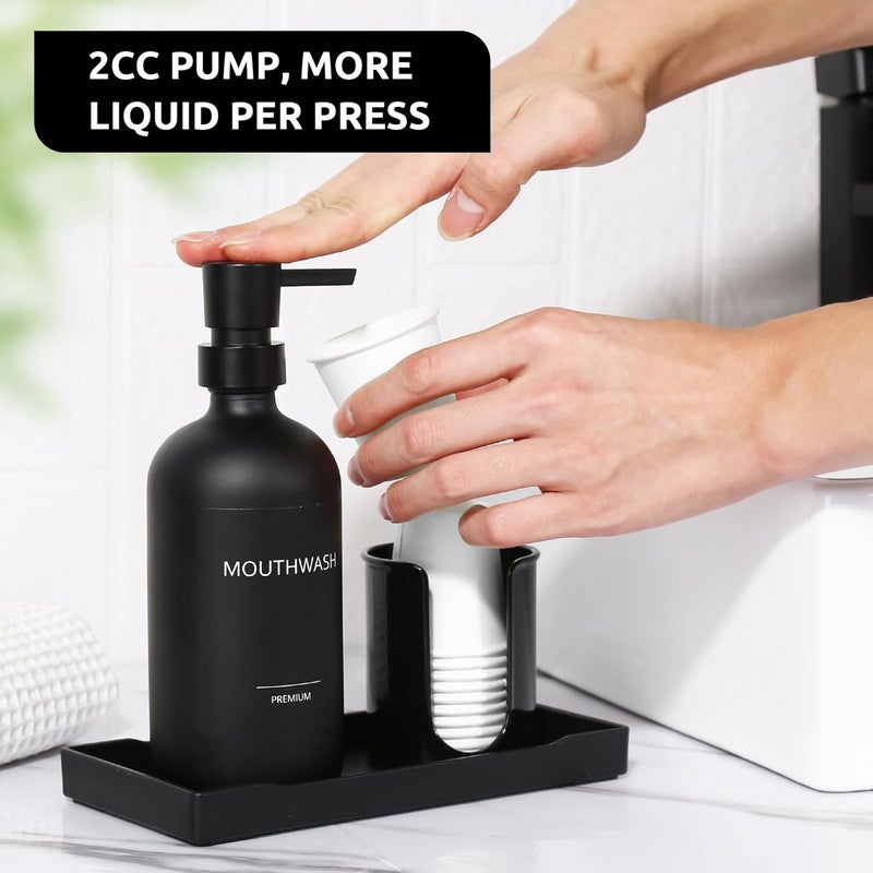 TOLDATLI Mouthwash Dispenser for Bathroom, Glass Mouth Wash Pump Dispenser with Cup Holder, 17 Fl Oz Mouthwash Bottle Decanter with Tray, Refillable Mouthwash Dispenser Container (Matte Black) - Image 5